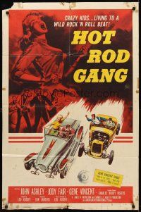 8c330 HOT ROD GANG 1sh '58 fast cars, crazy kids, classic art of teens in dragsters & dancing girl!