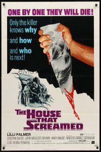 8c334 HOUSE THAT SCREAMED 1sh '71 La Residencia, horror art of hand holding bloody mirror shard!