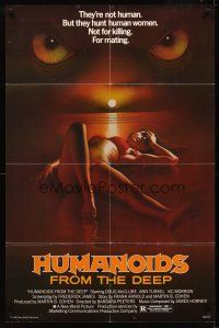 8c338 HUMANOIDS FROM THE DEEP 1sh '80 classic sexy art of eyes looming over sexy girl on beach!