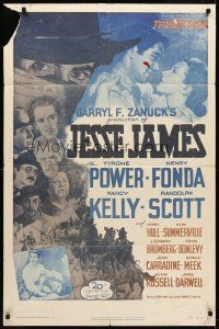 8c366 JESSE JAMES 1sh R51 art of most famous outlaws Tyrone Power & Henry Fonda as Frank!