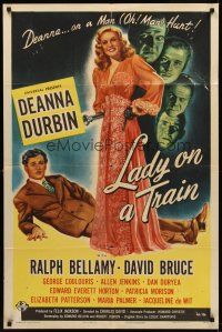 8c386 LADY ON A TRAIN 1sh '45 detective Deanna Durbin in nightgown with flashlight on a manhunt!