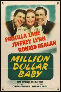 8c453 MILLION DOLLAR BABY 1sh '41 Priscilla Lane caught between Jeffrey Lynn & Ronald Reagan!