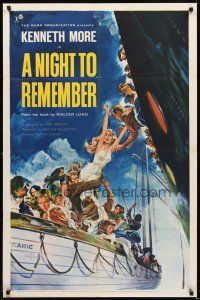 8c503 NIGHT TO REMEMBER 1sh '59 English Titanic biography, John Floherty Jr. art of tragedy!