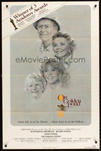8c515 ON GOLDEN POND 1sh '81 art of Katharine Hepburn, Henry Fonda, and Jane Fonda by C.D. de Mar!