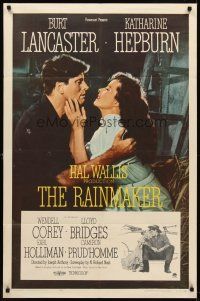 8c579 RAINMAKER 1sh '56 great romantic close up of Burt Lancaster & Katharine Hepburn!