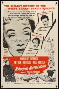 8c583 RANCHO NOTORIOUS military 1sh R60s Lang directed, art of sexy Marlene Dietrich showing leg!