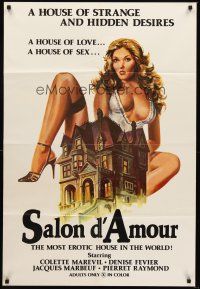8c628 SALON D'AMOUR 1sh '76 artwork of sexy Colette Marevil behind mansion, rated X!