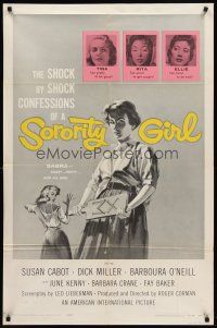 8c701 SORORITY GIRL 1sh '57 AIP, the shock by shock confessions of a bad girl, great art!