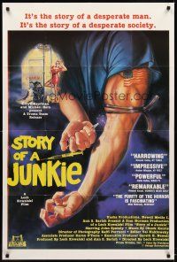 8c726 STORY OF A JUNKIE 1sh '84 Troma, great Zimic drug artwork of broken needle in arm!