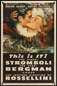 8c740 STROMBOLI 1sh '50 Ingrid Bergman, directed by Roberto Rossellini, cool volcano art!