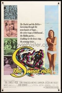 8c769 SWEET RIDE 1sh '68 1st Jacqueline Bisset standing topless in bikini, cool surfing art!