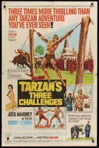 8c810 TARZAN'S THREE CHALLENGES 1sh '63 Edgar Rice Burroughs, Robert Day directs, Jock Mahoney