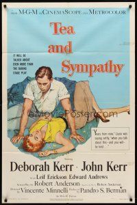8c813 TEA & SYMPATHY 1sh '56 great artwork of Deborah Kerr & John Kerr by Gale, classic tagline!
