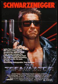 8c824 TERMINATOR 1sh '84 super close up of most classic cyborg Arnold Schwarzenegger with gun!