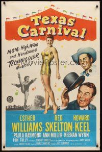 8c826 TEXAS CARNIVAL 1sh '51 Red Skelton, art of sexy Esther Williams in skimpy outfit at fair!