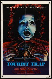 8c869 TOURIST TRAP 1sh '79 Charles Band, wacky horror image of masked woman with camera!