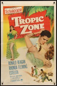 8c877 TROPIC ZONE 1sh '53 art of Ronald Reagan romancing Rhonda Fleming + sexy Estelita!