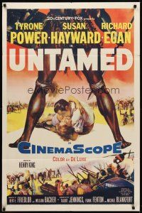 8c898 UNTAMED 1sh '55 cool art of Tyrone Power & Susan Hayward in Africa with native tribe!