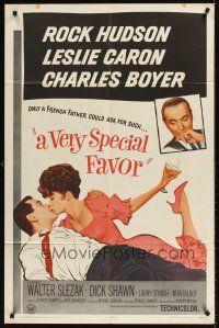 8c912 VERY SPECIAL FAVOR 1sh '65 Charles Boyer, Rock Hudson tries to unwind sexy Leslie Caron!