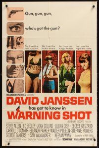 8c934 WARNING SHOT 1sh '66 David Janssen, Joan Collins, sexy girls, who's got the gun?