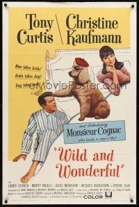 8c958 WILD & WONDERFUL 1sh '64 wacky image of Tony Curtis, Christine Kaufmann, & Monsieur Cognac!