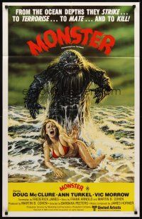 8d518 HUMANOIDS FROM THE DEEP Aust 1sh '80 art of monster looming over sexy girl on beach!