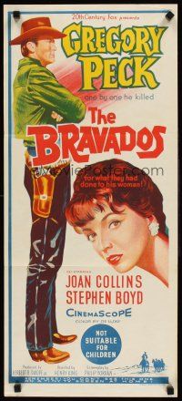 8d600 BRAVADOS Aust daybill '58 full-length art of cowboy Gregory Peck & sexy Joan Collins!