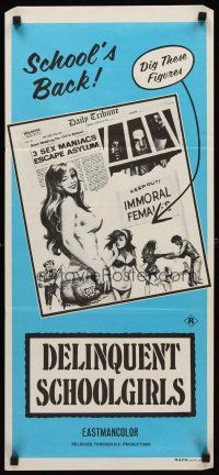 8d615 CARNAL MADNESS Aust daybill '75 Delinquent Schoolgirls, artwork of sexy immoral females!