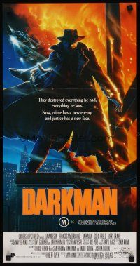 8d643 DARKMAN Aust daybill '90 directed by Sam Raimi, cool Alvin art of masked hero Liam Neeson!
