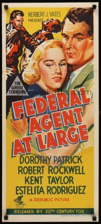 8d675 FEDERAL AGENT AT LARGE Aust daybill '50 Dorothy Patrick embracing G-man Robert Rockwell!