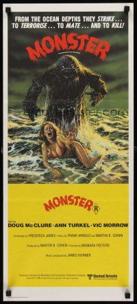 8d714 HUMANOIDS FROM THE DEEP Aust daybill '80 art of Monster looming over sexy girl on beach!