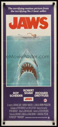 8d733 JAWS Aust daybill '75 art of Steven Spielberg's classic shark attacking sexy swimmer!