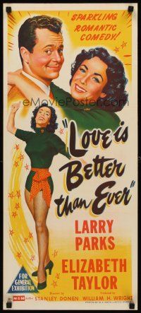 8d766 LOVE IS BETTER THAN EVER Aust daybill '52 stone litho of Larry Parks & sexy Elizabeth Taylor!