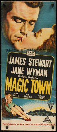 8d770 MAGIC TOWN Aust daybill '47 romantic art of pollster James Stewart & pretty Jane Wyman!