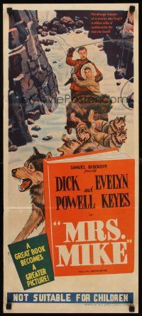 8d793 MRS. MIKE Aust daybill '49 stone litho of Evelyn Keyes & Mountie Dick Powell on dogsled!
