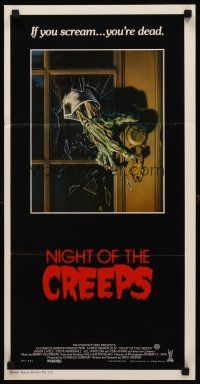 8d798 NIGHT OF THE CREEPS Aust daybill '86 cool monster hand artwork, if you scream you're dead!