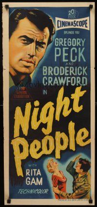 8d799 NIGHT PEOPLE Aust daybill '54 stone litho of military soldier Gregory Peck!