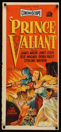 8d844 PRINCE VALIANT Aust daybill '54 stone litho of Robert Wagner in armor & sexy Janet Leigh!