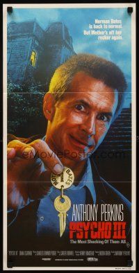 8d846 PSYCHO III Aust daybill '86 close image of Anthony Perkins as Norman Bates, horror sequel!