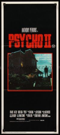 8d845 PSYCHO II Aust daybill '83 Anthony Perkins as Norman Bates, creepy image of classic house!