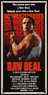 8d858 RAW DEAL Aust daybill '86 great close up of tough guy Arnold Schwarzenegger with gun!