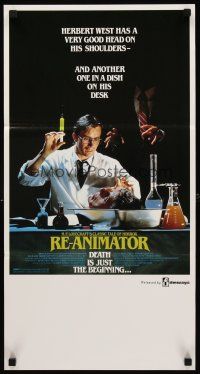 8d859 RE-ANIMATOR Aust daybill '86 great image of mad scientist with severed head in bowl!
