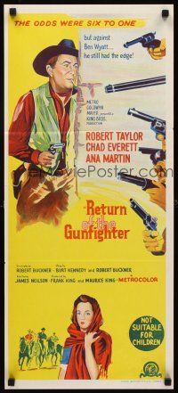 8d862 RETURN OF THE GUNFIGHTER Aust daybill '67 cowboy Robert Taylor has six guns pointed at him!