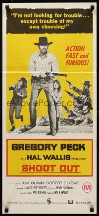 8d904 SHOOT OUT Aust daybill '71 great full-length image of gunfighter Gregory Peck vs. 3 fast guns!