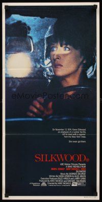 8d909 SILKWOOD Aust daybill '83 c/u of scared Meryl Streep in car, directed by Mike Nichols!