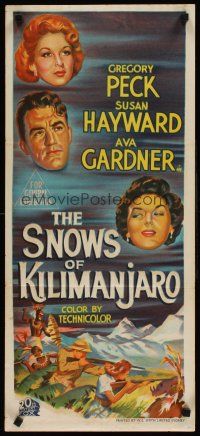 8d921 SNOWS OF KILIMANJARO Aust daybill '52 Gregory Peck, Susan Hayward & Ava Gardner, stone litho!