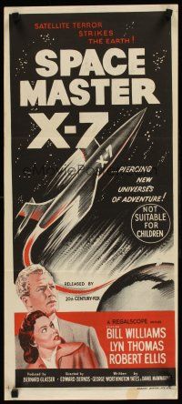 8d928 SPACE MASTER X-7 Aust daybill '58 satellite terror strikes the Earth, cool stone litho!