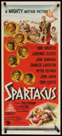 8d929 SPARTACUS Aust daybill '61 classic Kubrick & Kirk Douglas epic, cool coin stone litho!