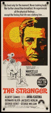 8d940 STRANGER Aust daybill '68 Luchino Visconti's Lo Straniero, cool art of Mastroianni!