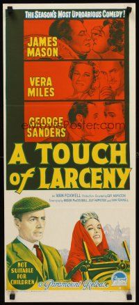 8d969 TOUCH OF LARCENY Aust daybill '60 James Mason, Vera Miles, George Sanders, stone litho!